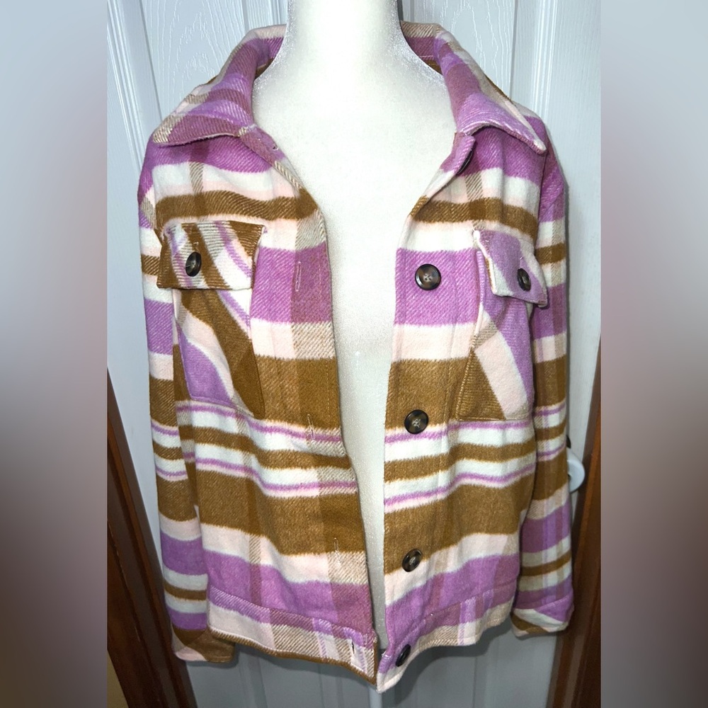Kensie Plaid Fleece Shacket Jacket Coat Long Sleeve Purple/Brown/Ivory Women’s L